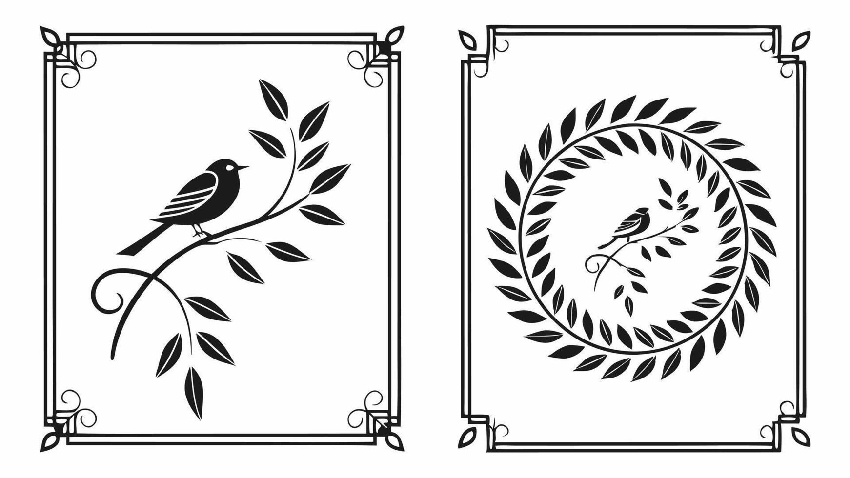 Two black and white frames with birds and leaves vector