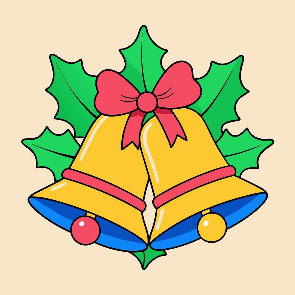 Christmas bells with holly leaves and bows illustration vector