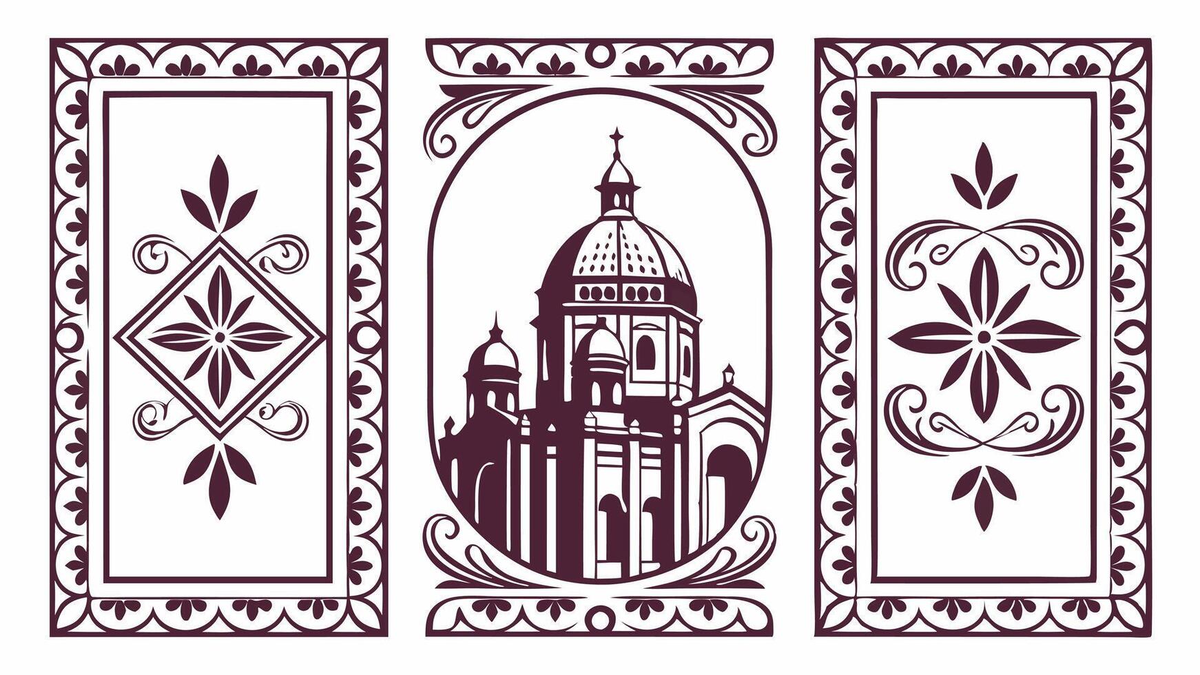A set of decorative frames with a church in the center vector