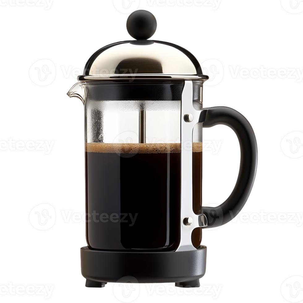 A coffee press with a glass lid and a metal handle png