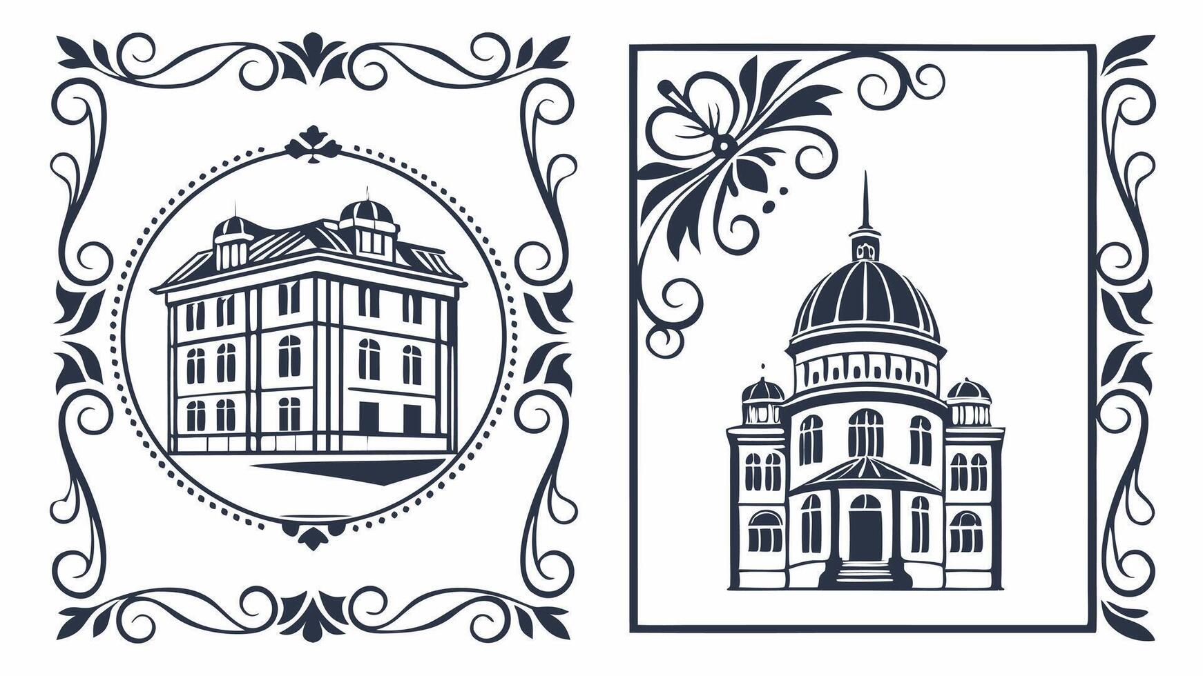 Two different styles of buildings, one with a church and the other with a castle vector