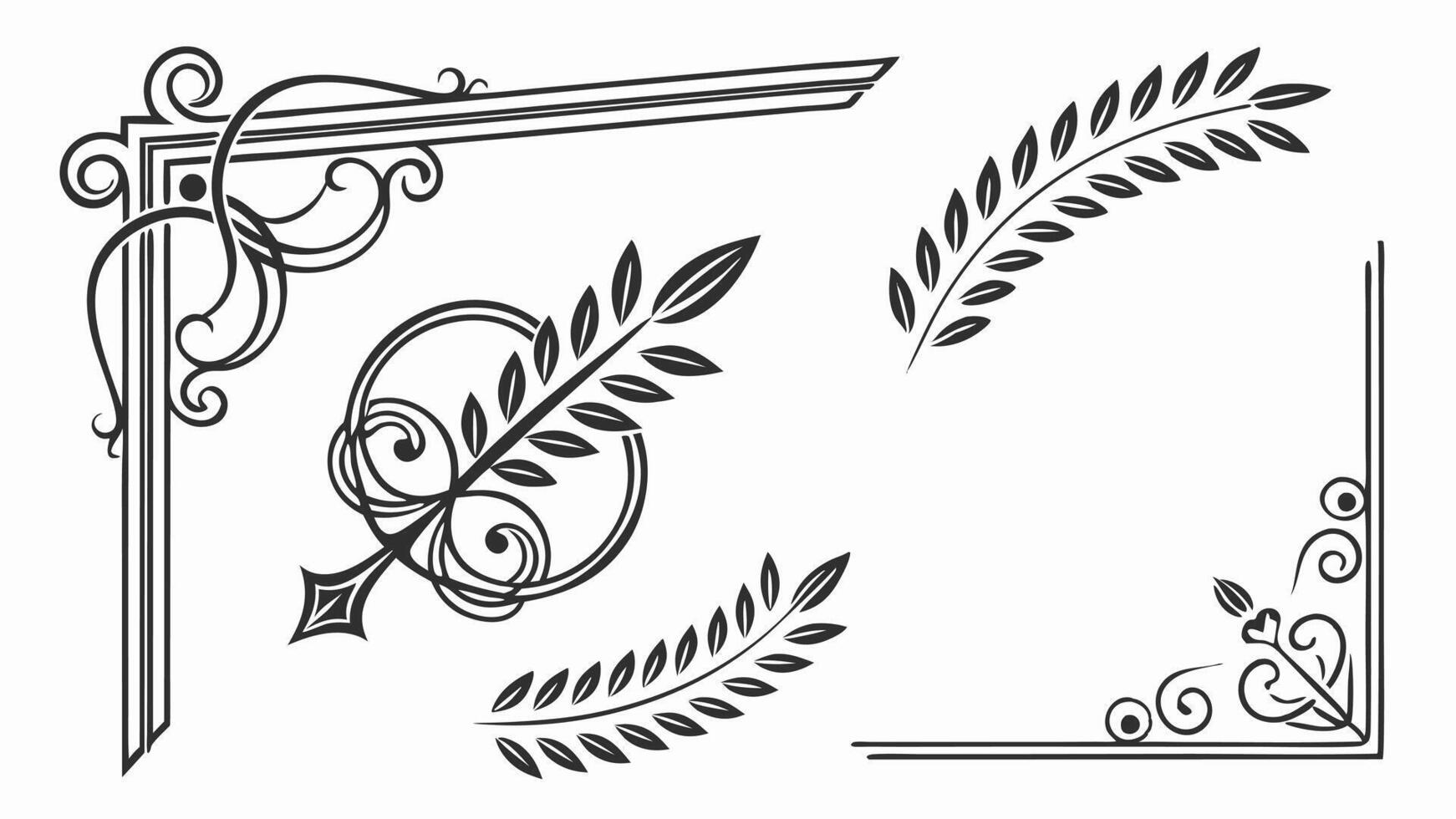 A set of decorative elements, including a leaf, a wreath and a scroll vector