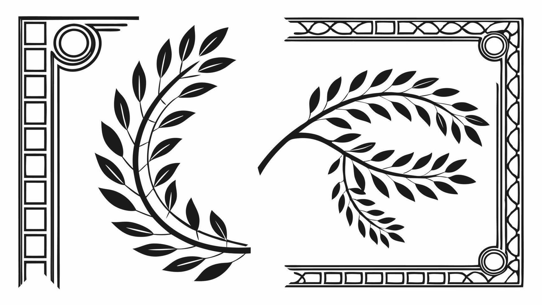 A set of decorative elements, including a laurel wreath and a frame vector