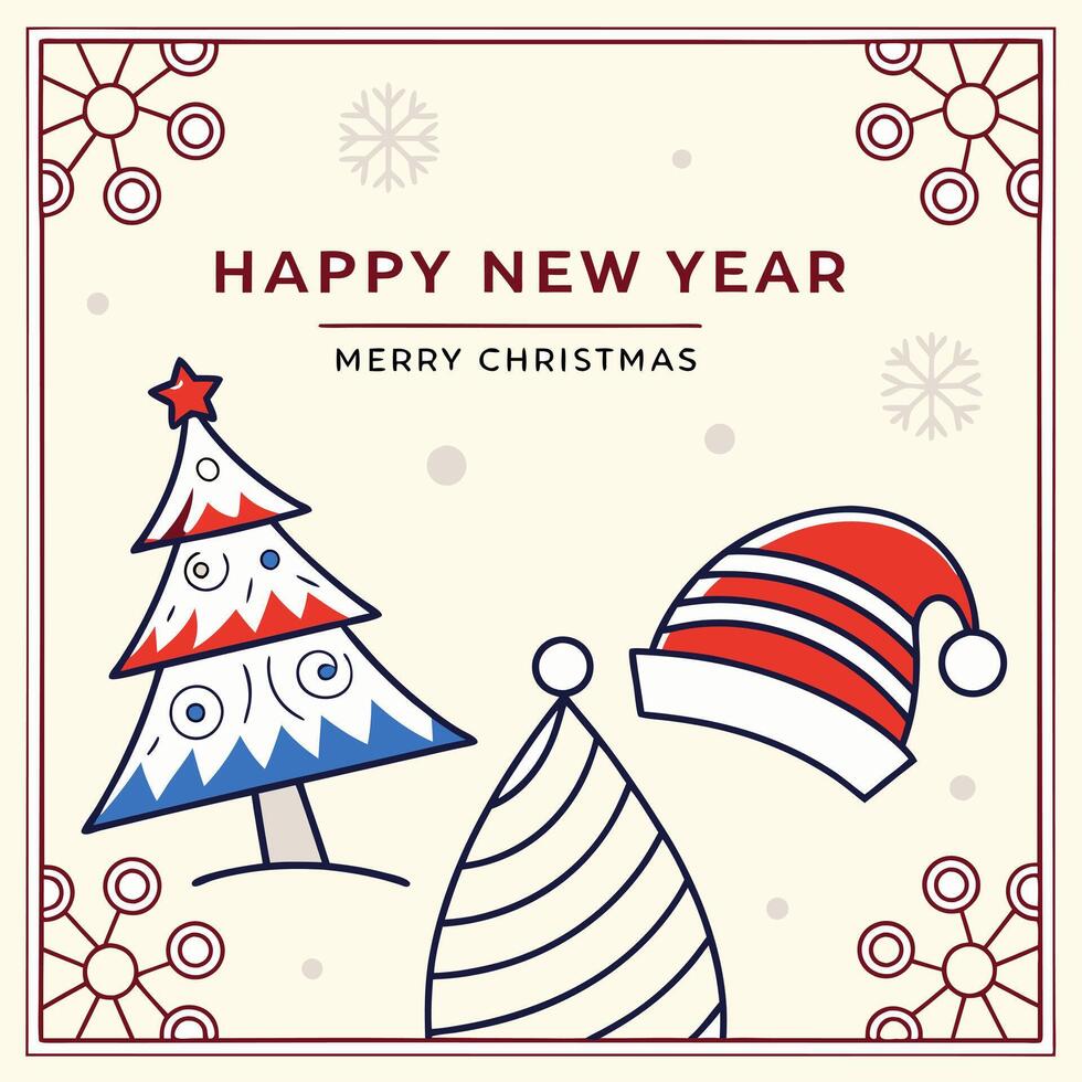 Happy new year greeting card with christmas tree and hats vector