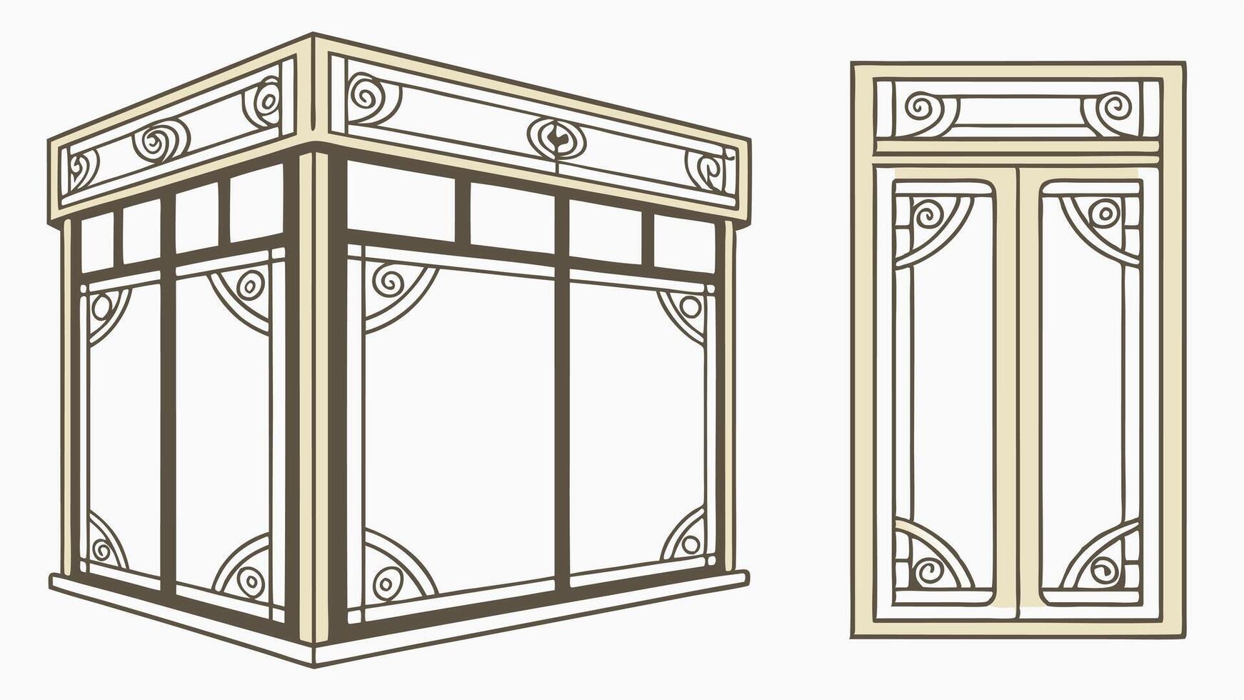 A drawing of a window with a door and a window vector