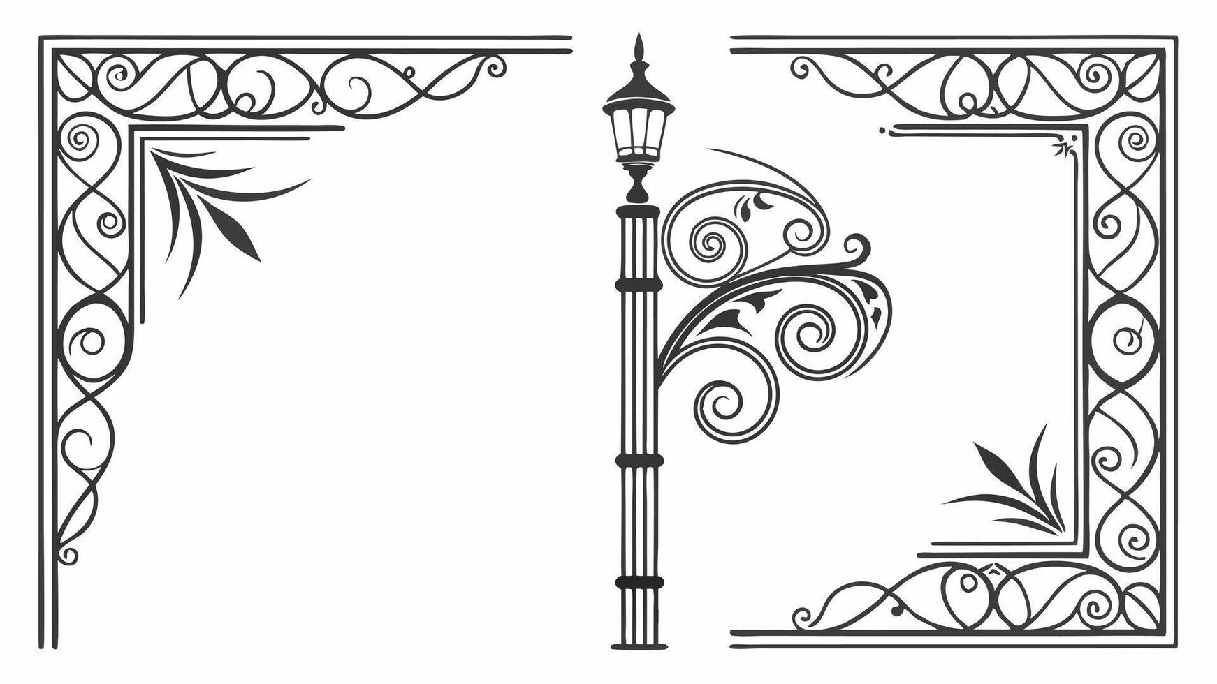 A black and white illustration of a lamp post and a frame vector