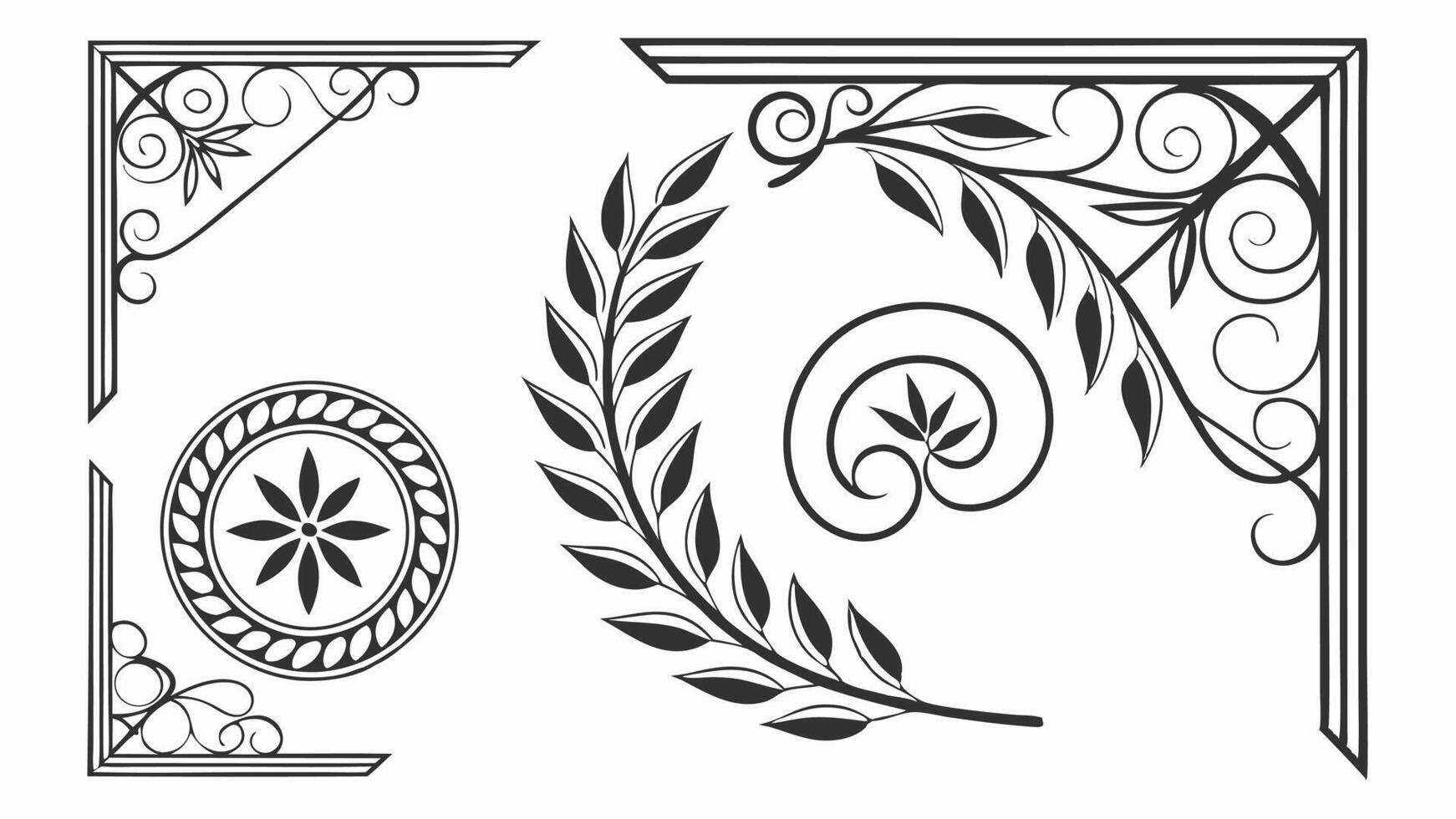 A set of decorative elements, including a wreath, leaves, and a wreath vector