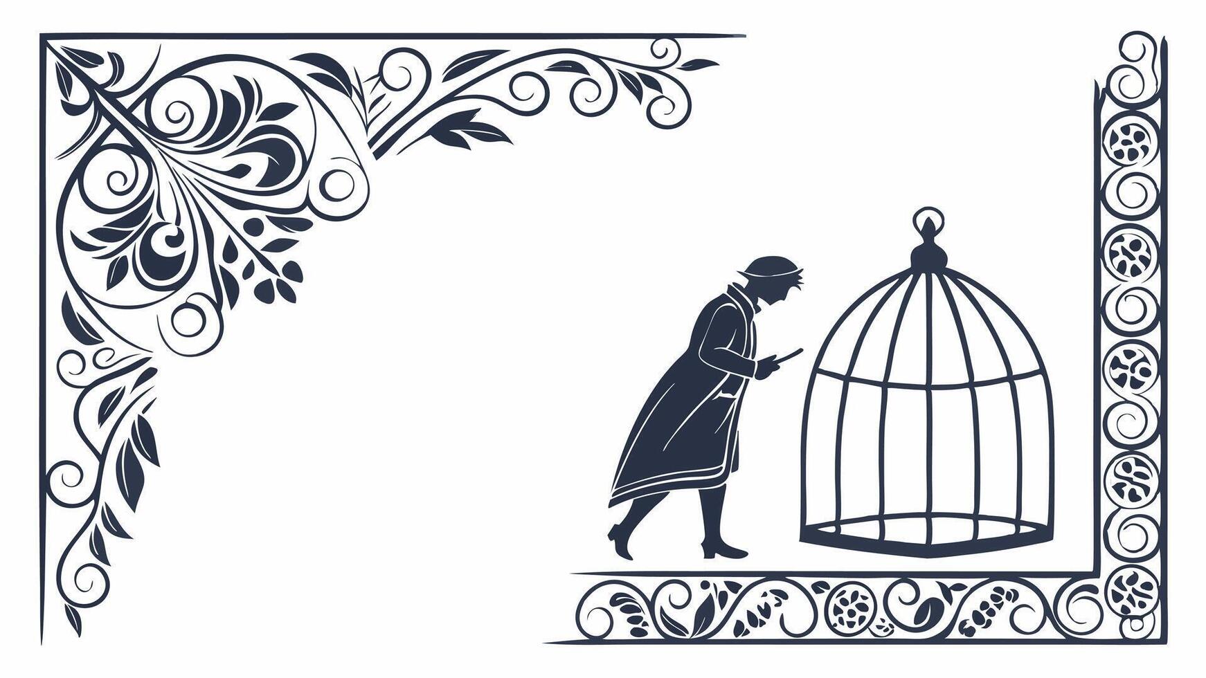 A man is standing in front of a cage with a bird inside vector
