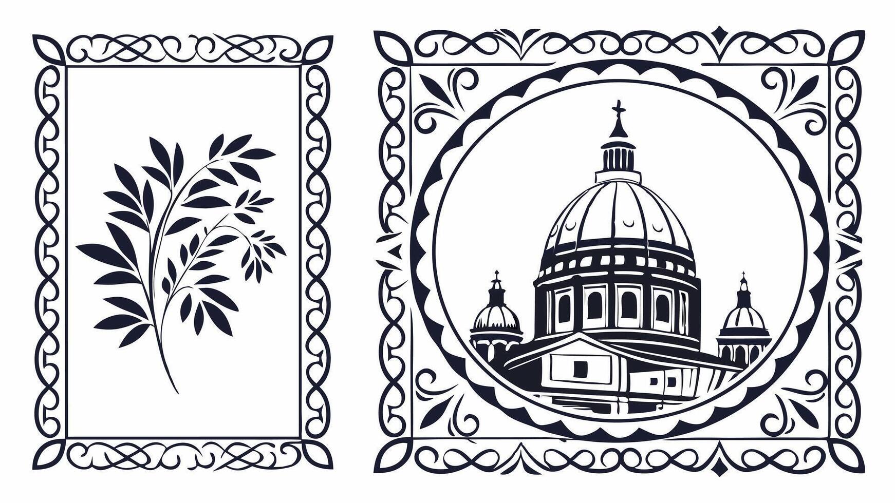 A set of decorative frames with a church and a tree vector