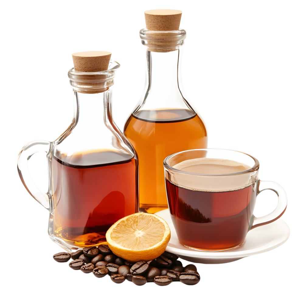 uma vidro do café com uma limão fatia e uma garrafa do café em uma mesa png