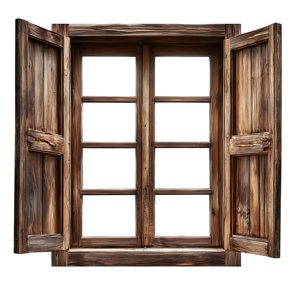 Rustic Wooden Window with Open Shutters png