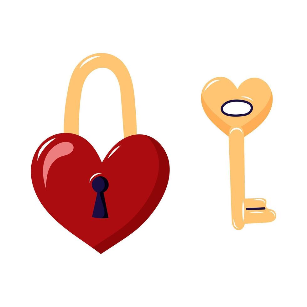 Heart shaped lock and key. Valentine's day element for design on white background. Isolated illustration. vector