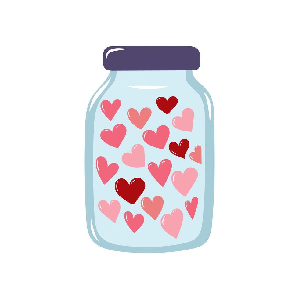 Pink hearts inside glass jar. Valentine's day element for design on white background. Isolated illustration. vector