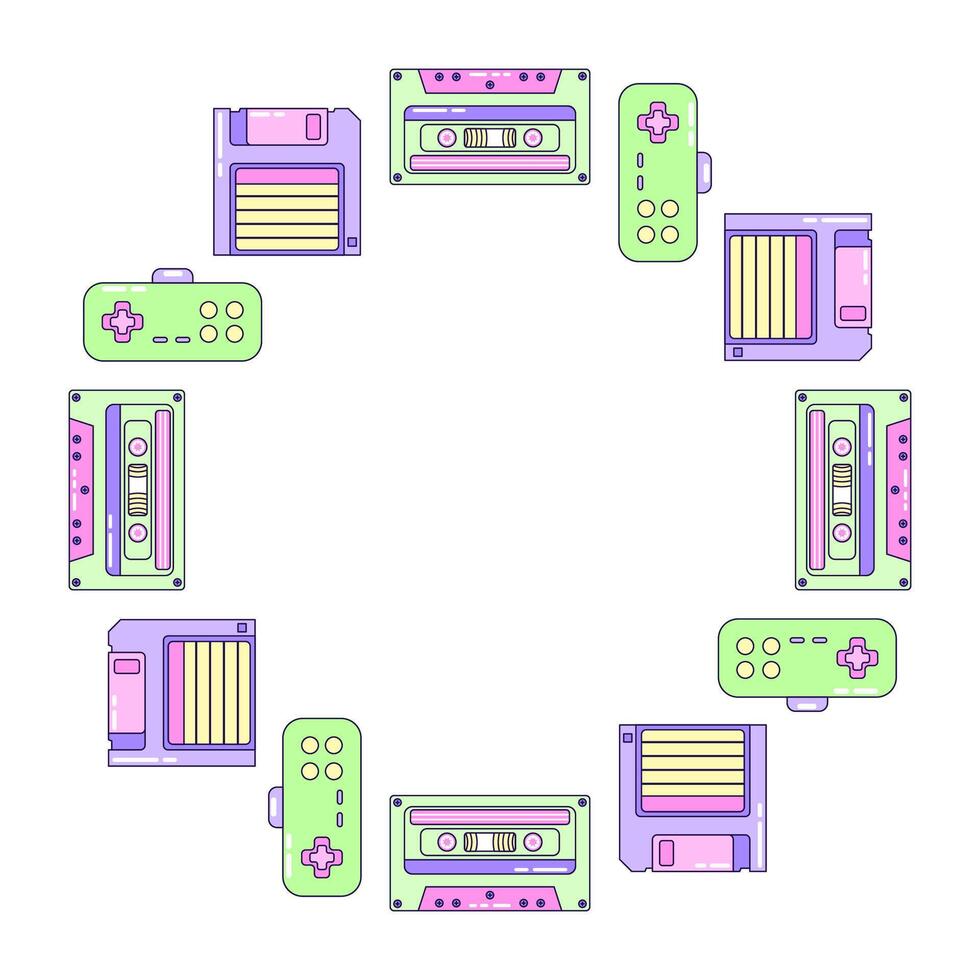 Round Frame Game and Music. Multicolored elements on white background. Retro illustration with outline in 90s style. Isolated illustration. vector