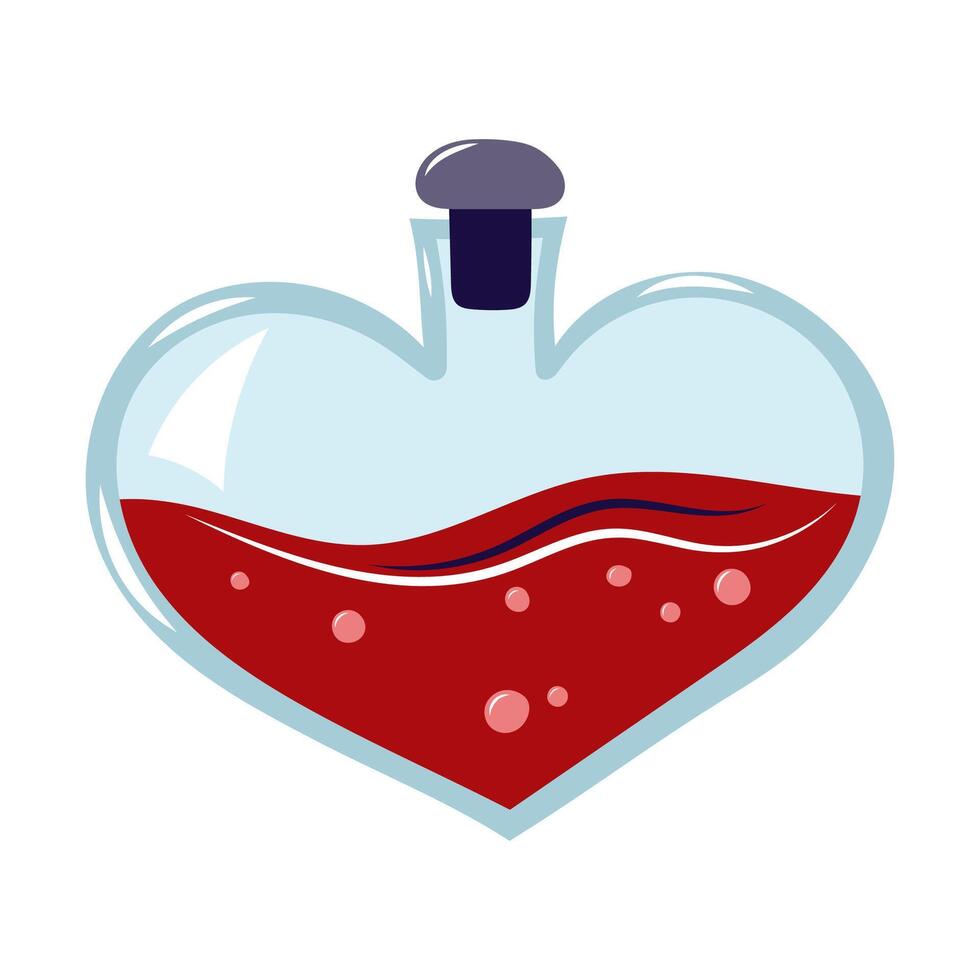 Heart shaped flask with red liquid. Valentine's day element for design on white background. Isolated illustration. vector