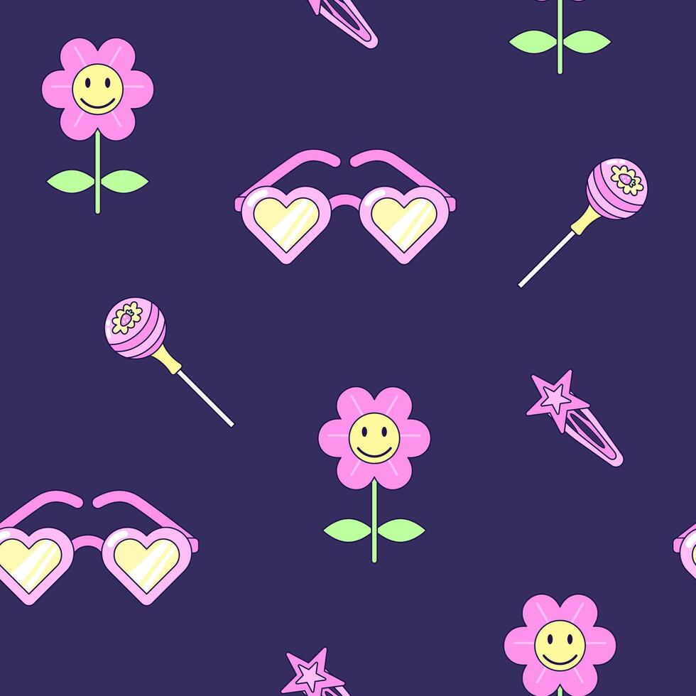 Seamless pattern with vintage flower and heart shaped sunglasses in style of 90s. Multicolored elements on dark background. Retro illustration with outline in 90s style. illustration. vector