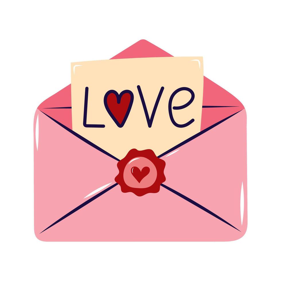 Note with the inscription love sticks out of pink envelope. Valentine's day element for design on white background. Isolated illustration. vector