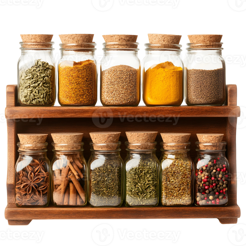 A wooden spice rack with many glass jars of spices png