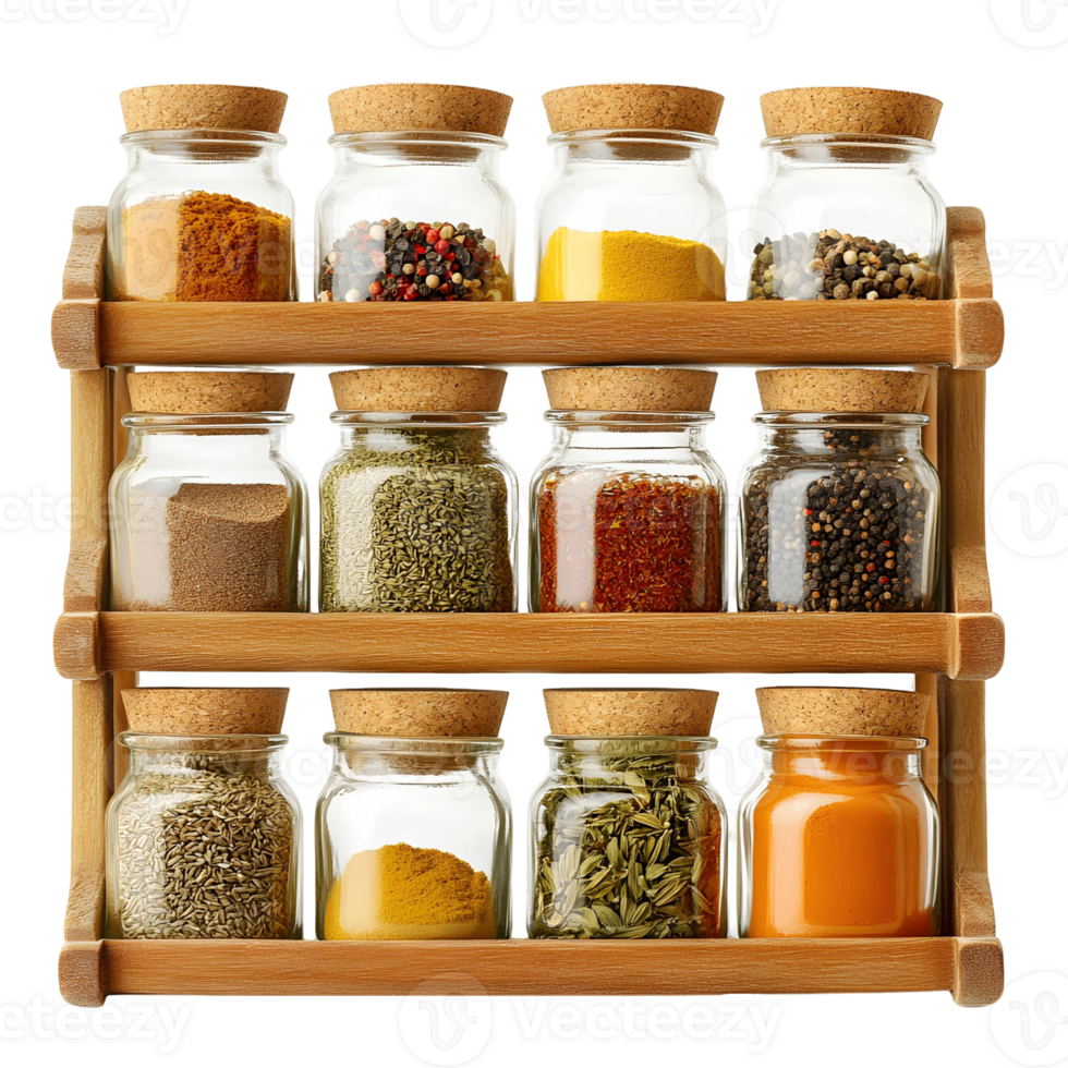 A spice rack with many glass jars of spices png