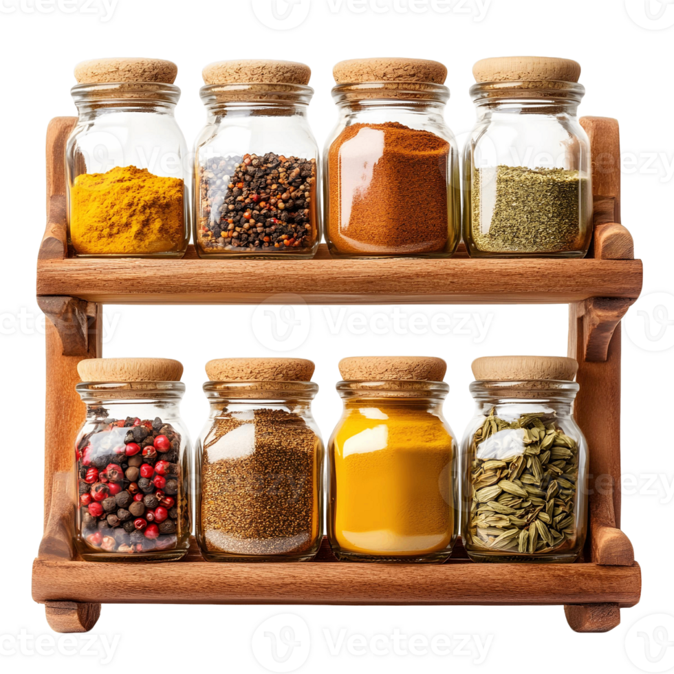 A spice rack with a variety of spices in glass jars png