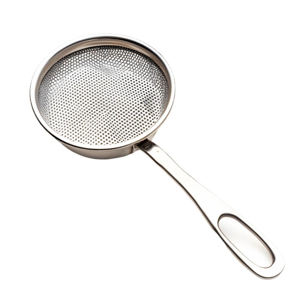 A silver metal strainer with a handle png