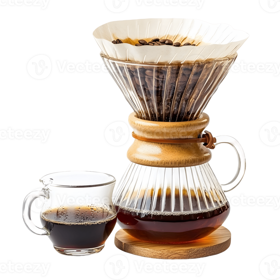 A coffee maker with a filter and a cup of coffee next to it png