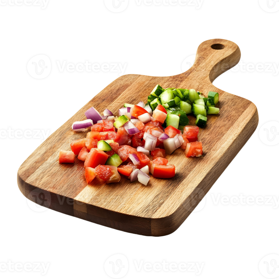 A wooden cutting board with a variety of vegetables on it, including tomatoes png
