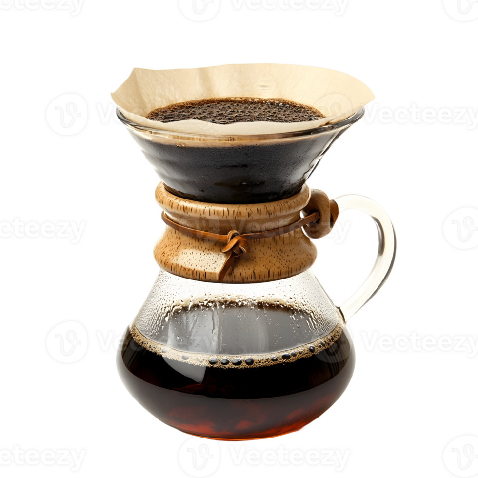 A glass coffee maker with a filter in it png