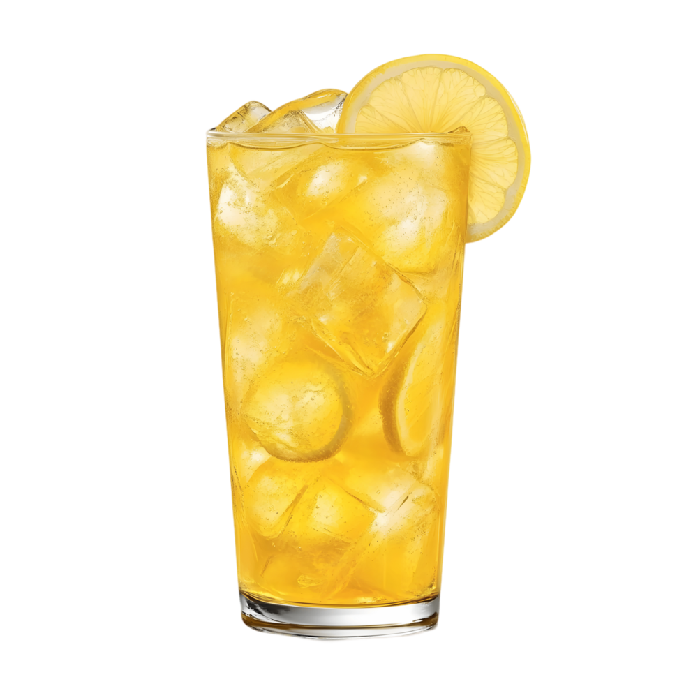 A glass of lemonade with ice cubes and a lemon slice png
