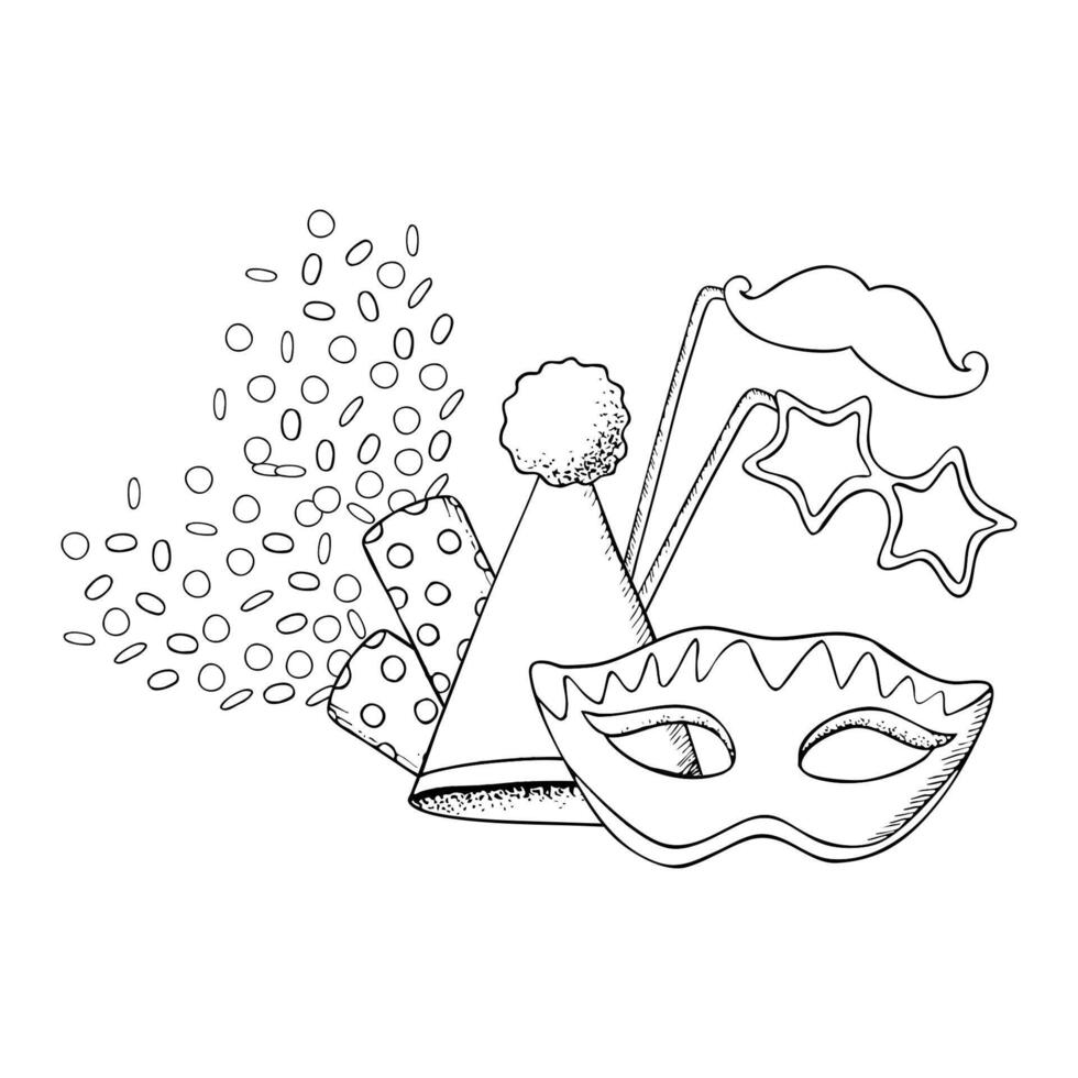 Mardi Gras masquerade and carnival symbols black and white illustration with masks, party cones, confetti poppers and star glasses on stick. Hand drawn line sketch for kids Purim coloring book vector