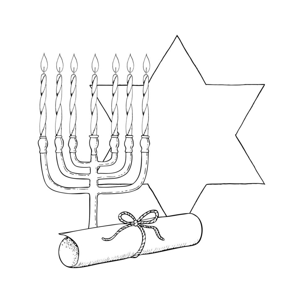 Jewish menorah candlestick with candles, Torah scroll and star of David black and white ink illustration for coloring, Purim or Shabbat greetings for holiday. Hand drawn line art sketch vector