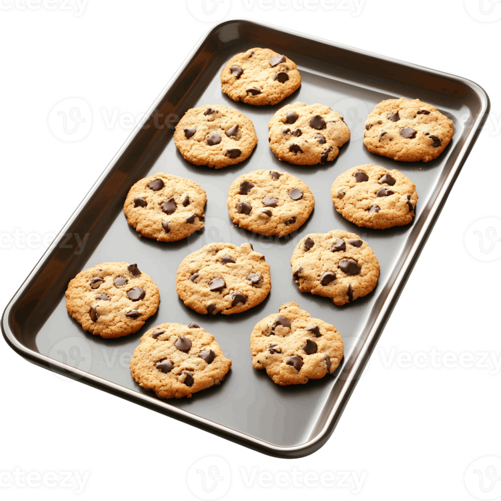 A tray of chocolate chip cookies is sitting on a transparent background png