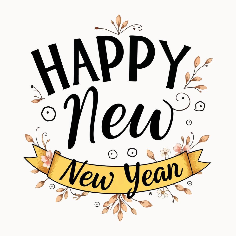 Happy New Year greeting with festive banner and floral decorations vector