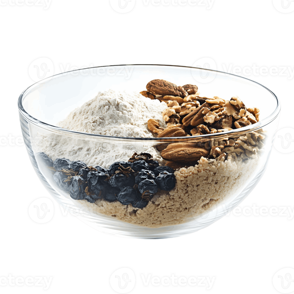 A bowl of mixed nuts and berries sits on a transparent background png