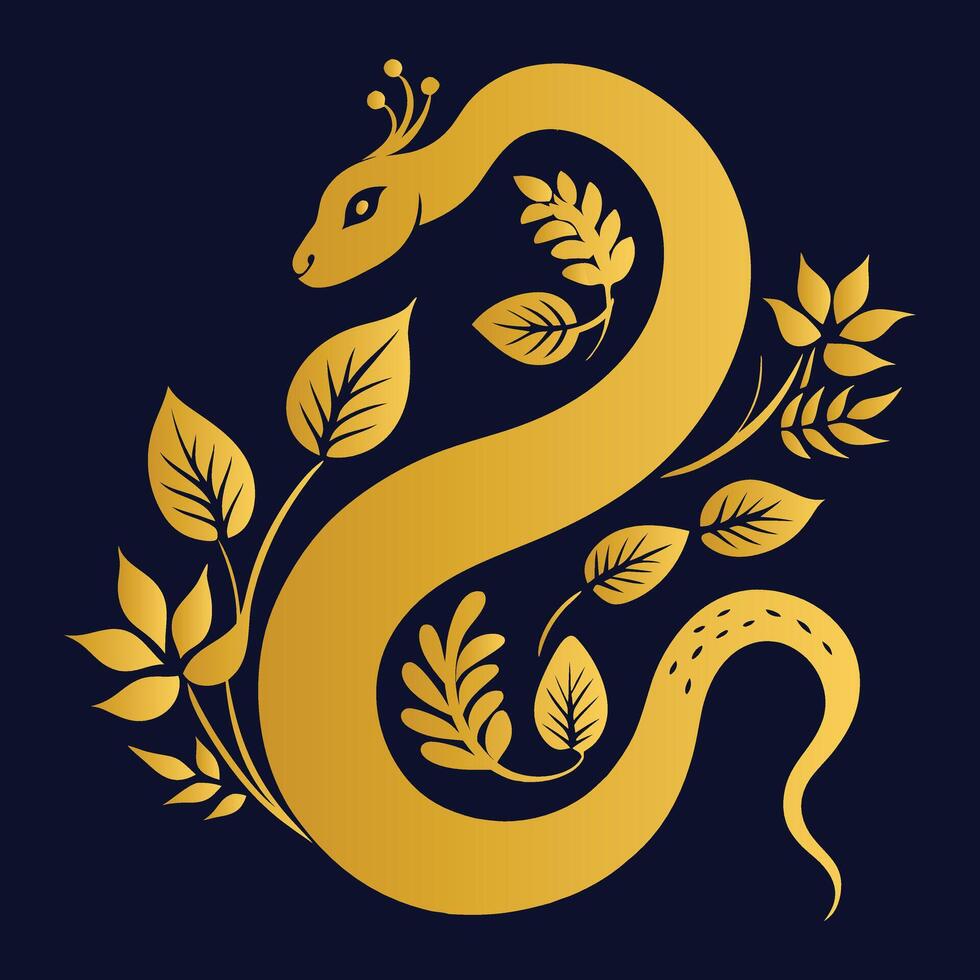 Golden Snake Encircled by Floral Design on a Dark Background vector