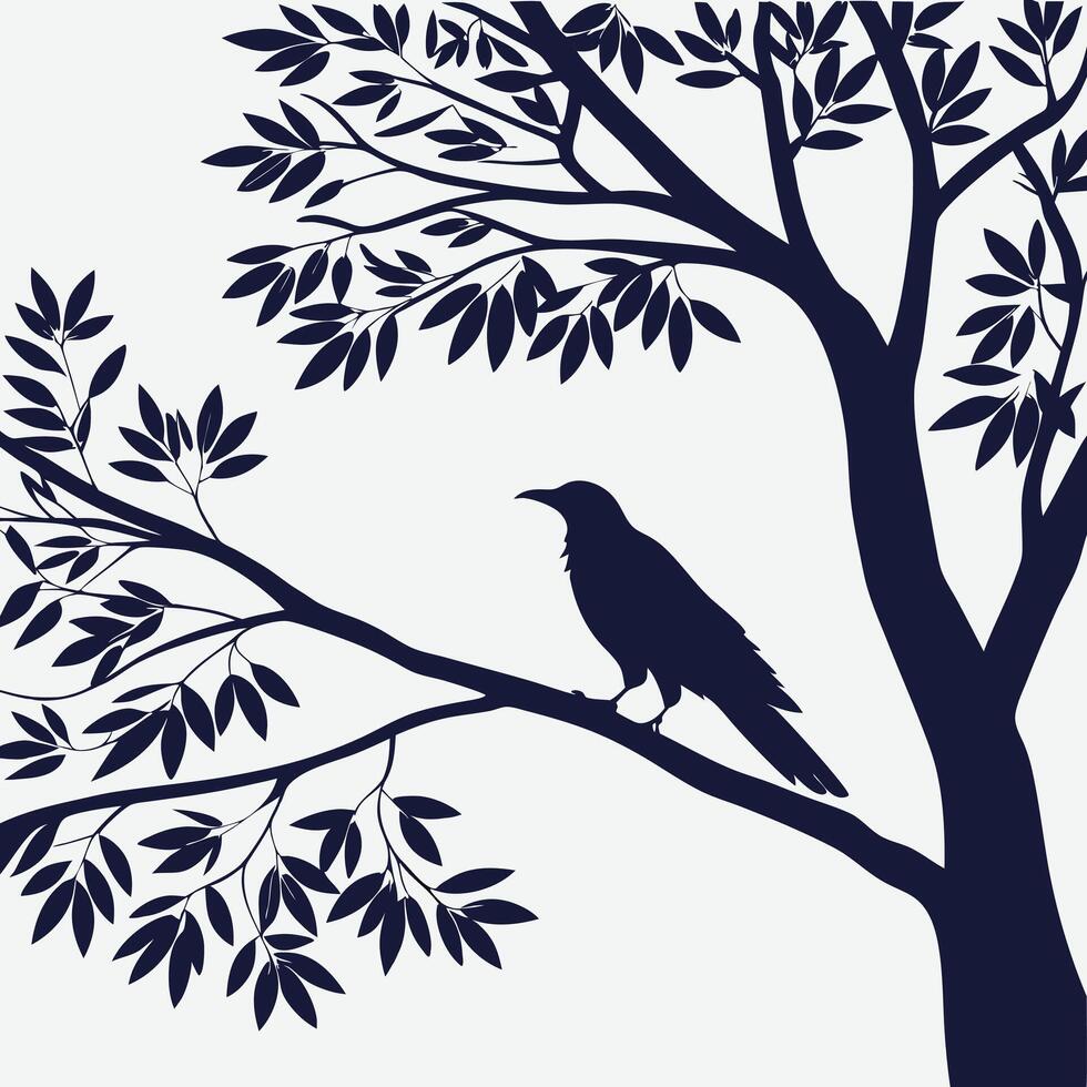 Silhouetted Crow Perched on a Tree Branch vector