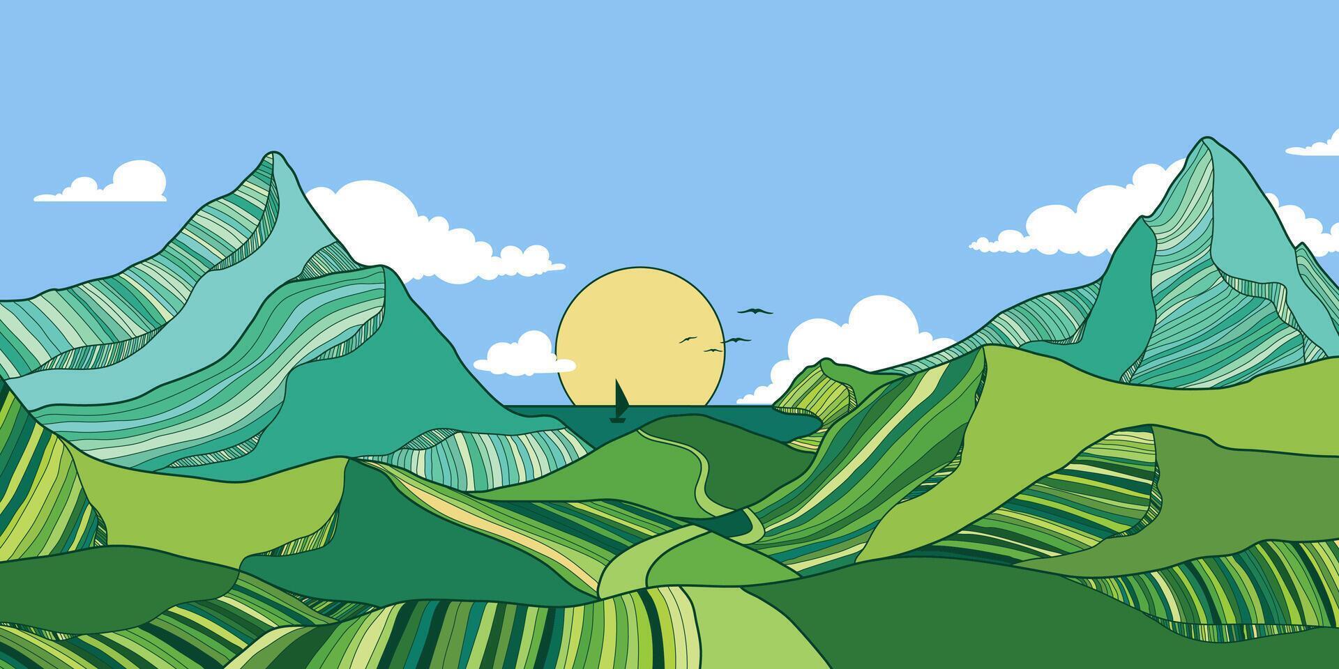 Mountain Landscape with Line Art Cartoon Style. Scenic black and white landscape design for fabric, prints, and wall art. Simple line drawing of mountain. vector