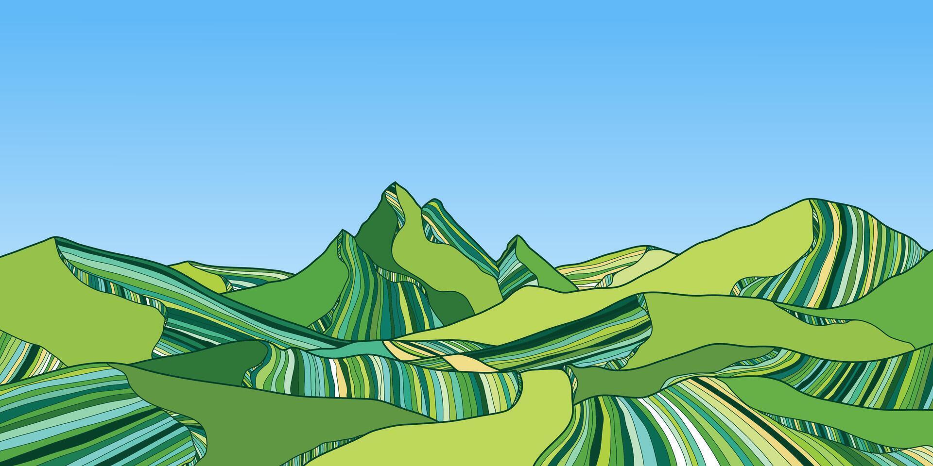 Beautiful Green Mountain Landscape. Line Art Background. Scenic black and white landscape design for fabric, prints, and wall art. Simple line drawing of mountains. vector