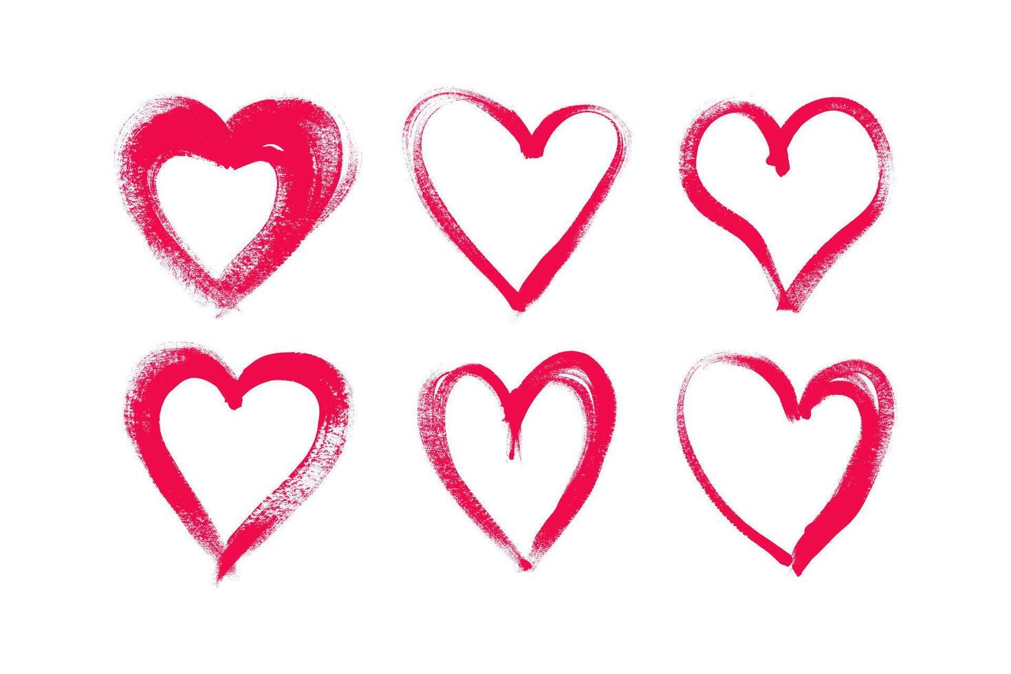Set of Grunge Icon Hearts. Cute doodle pink love sign isolated on white background. Scribble heart shapes drawn with markers and chalk vector
