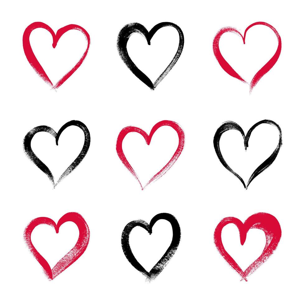 Grunge Collection of Hearts in Hand Drawn Style. Cute doodle love sign isolated on white background. Scribble heart shapes drawn with markers and chalk vector