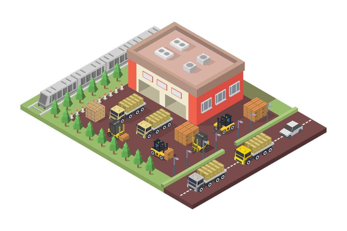 Warehouse isometric illustrated with trucks vector