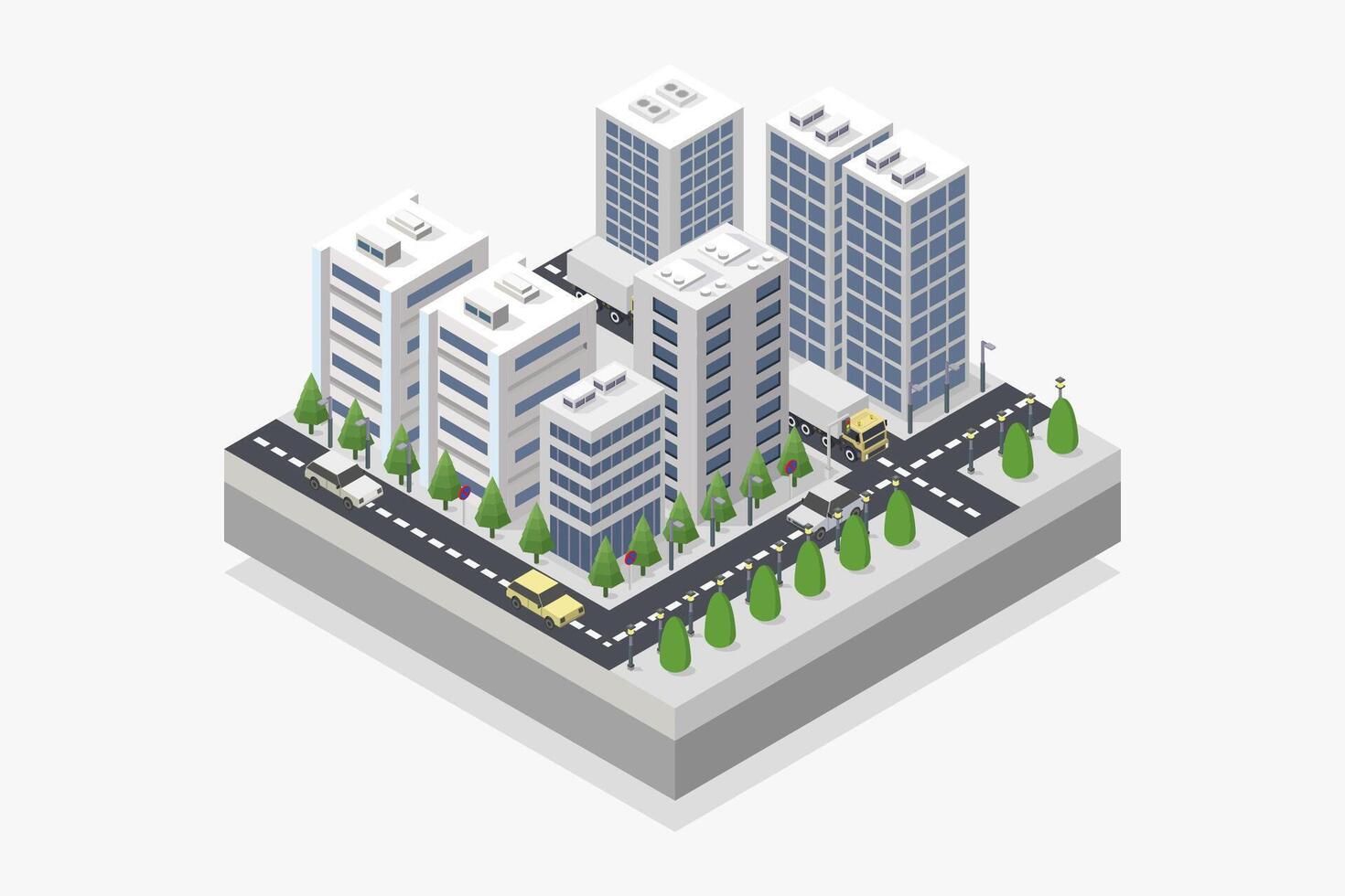 Isometric city with skyscrapers and trees and cars vector