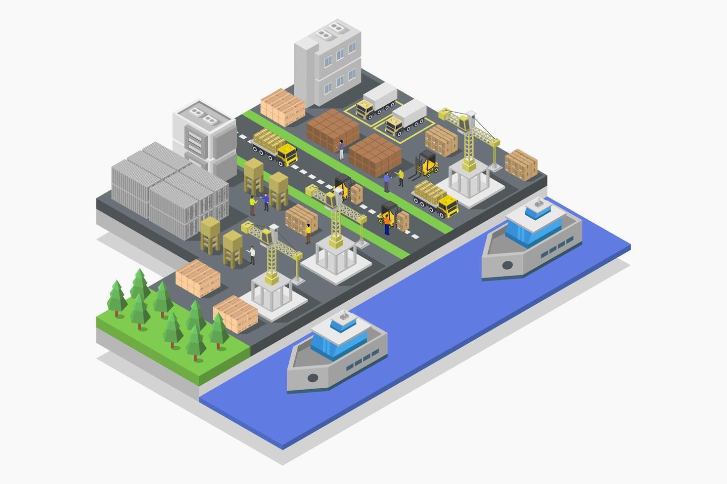 Cargo port with cranes isometric illustrated vector