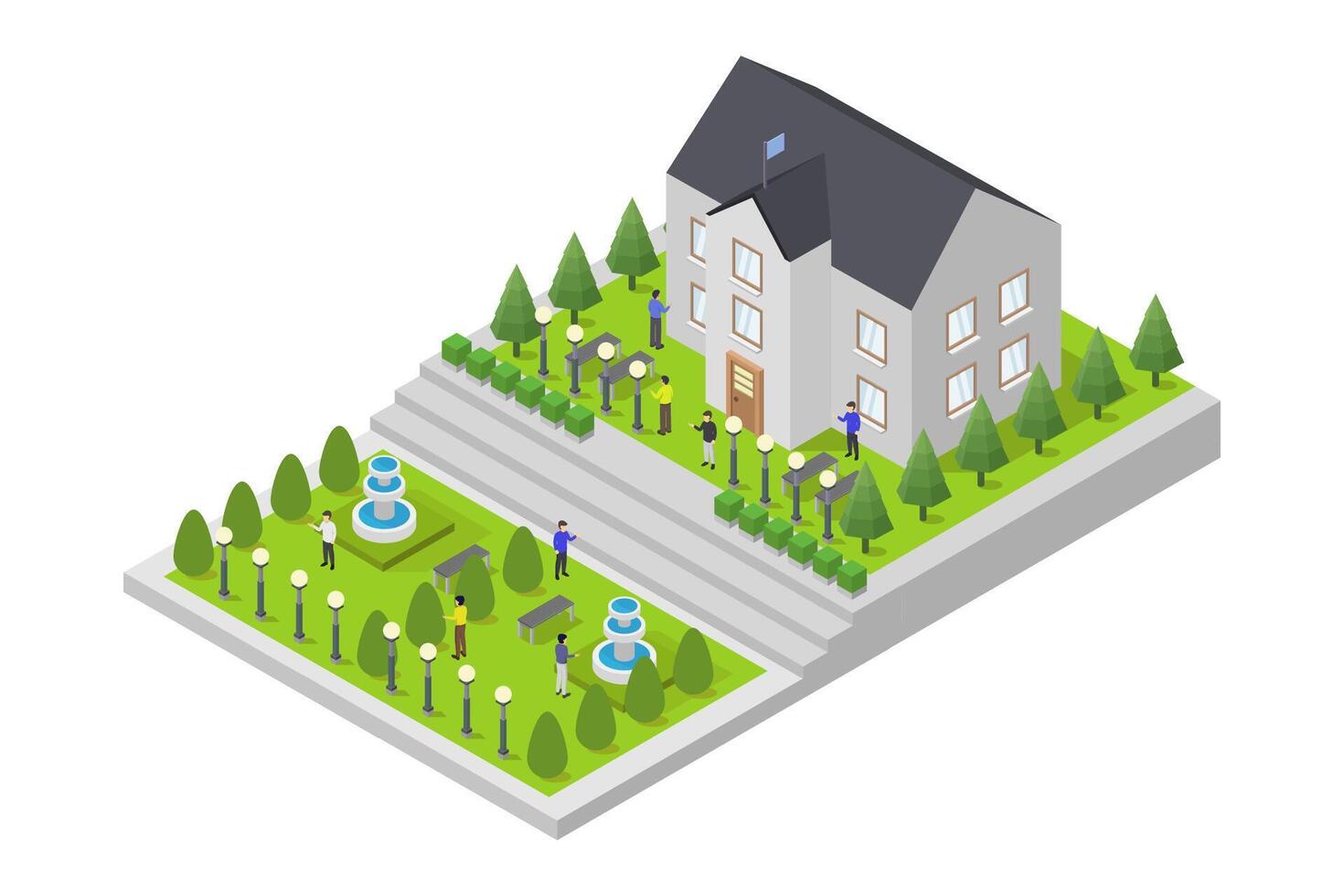 Illustrated isometric university building vector