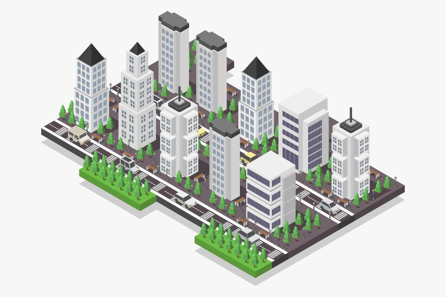 Isometric city with skyscrapers and trees vector
