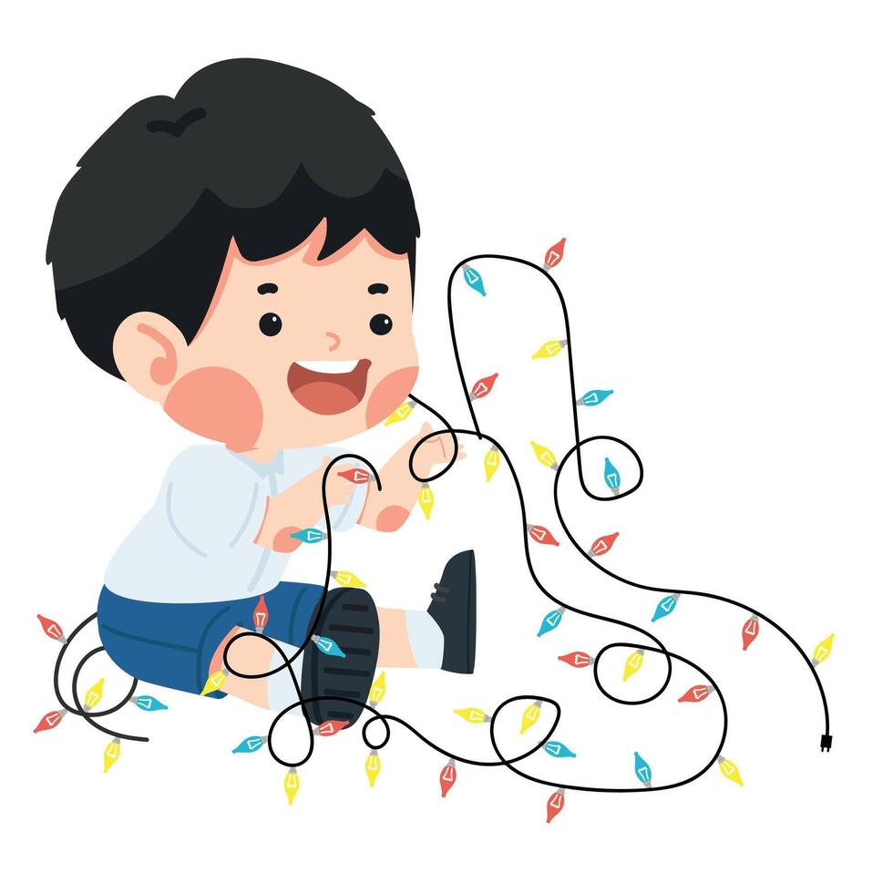 Tangled Kid with Christmas Lights vector