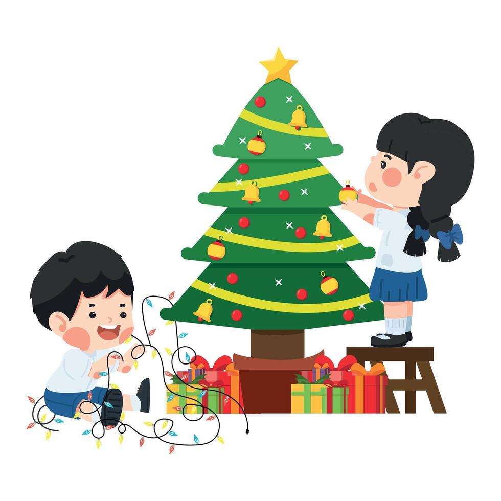 Girl Decorating the Christmas Tree vector