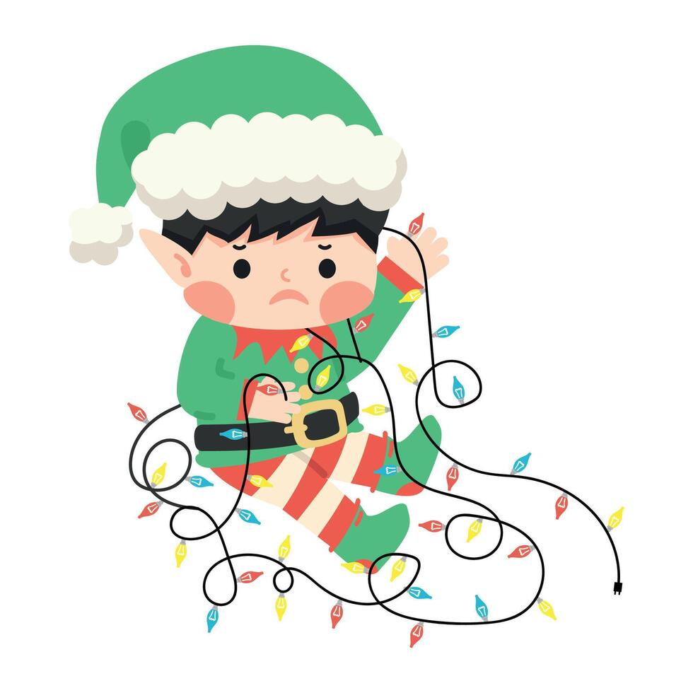 Tangled Elf with Christmas Lights vector