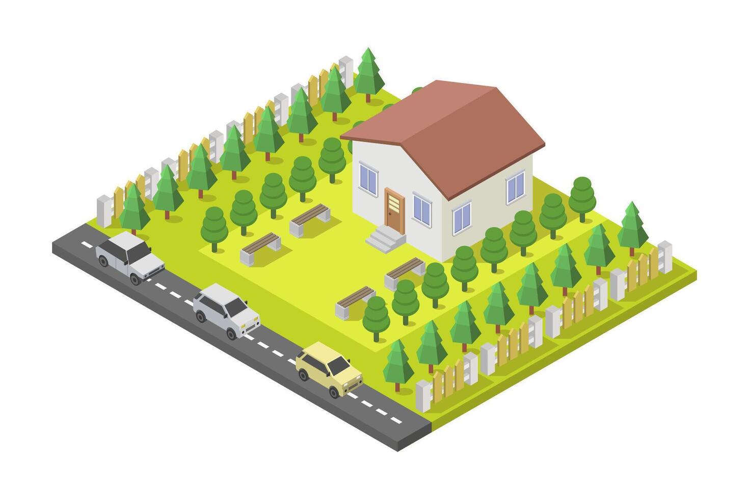 House isometric illustrated with tree vector