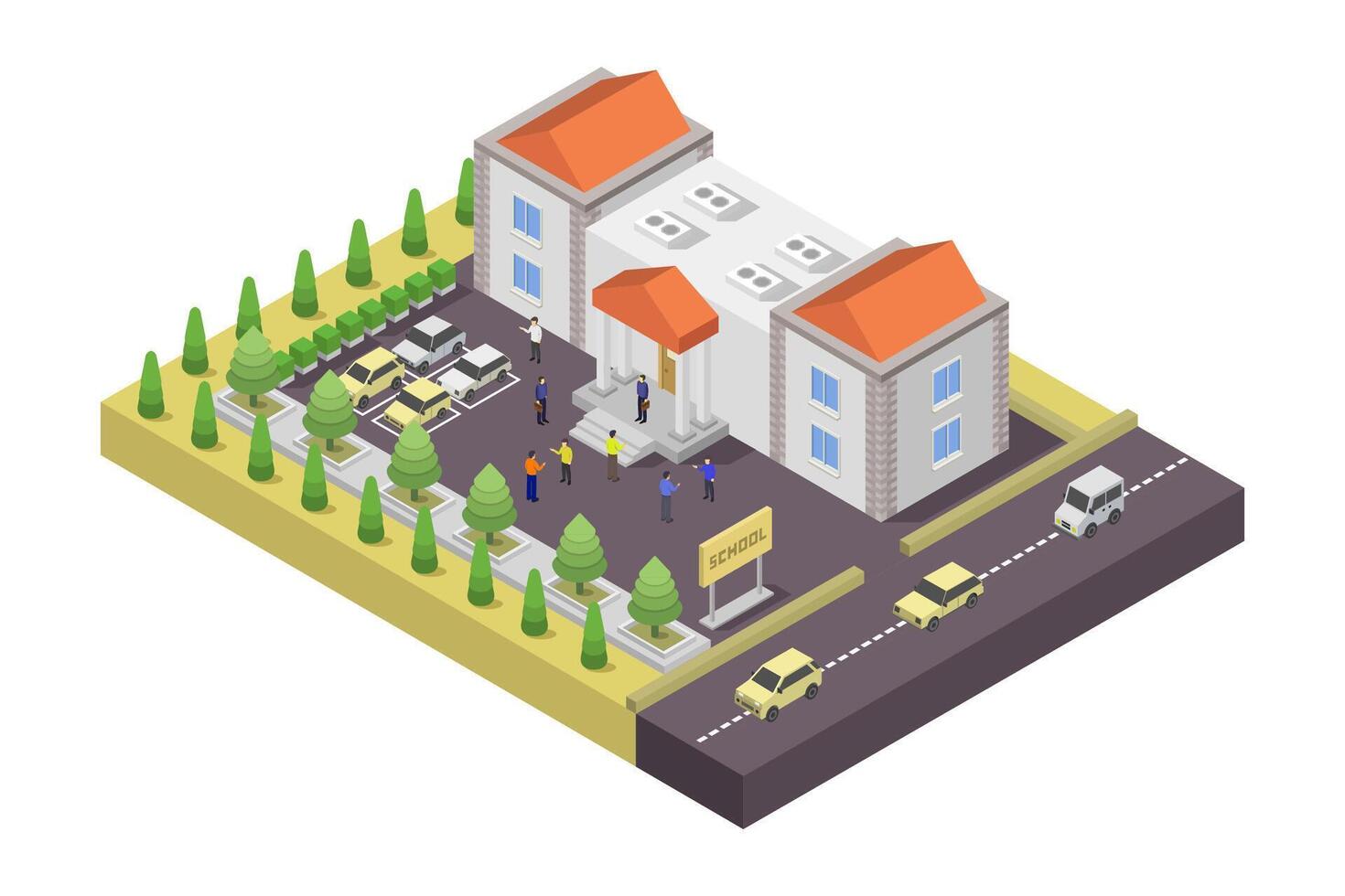 Isometric school building illustrated with cars vector